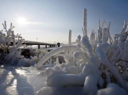 Carámbanos de hielo decoran el lago Bodensee cerca de un pozo en Immenstaad, Alemania. EFE  /
