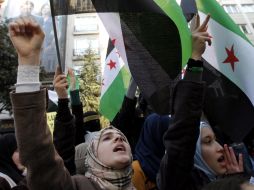 Varias personas de origen turco y sirio participan en una manifestación en contra del presidente de Siria. EFE  /