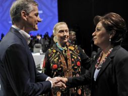 Hillary Clinton, el ministro de relaciones exteriores de Noruega Jonas Gahr y la titular de la SRE, Patricia Espinosa. AP  /