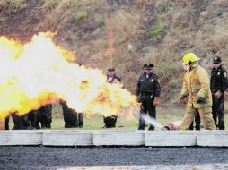 Un bombero capacita a varios agentes del escuadrón “Zorros” en la neutralización de un cilindro de gas en llamas.  /