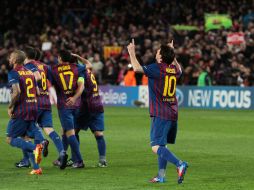 El 10 del barcelona celebrá uno de sus cinco goles anotados ante el Leverkusen. NOTIMEX  /