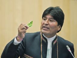 Evo Morales sostiene una hoja de coca durante su intervención en Viena. EFE  /