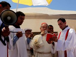 Durante la misa celebrada por el Cardenal Francisco Robles, en el cerro donde se ubica el Santuario de los Mártires, en Tlaquepaque.  /