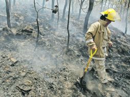 Un bombero abandona un área asediada por las llamas, en el Bosque La Primavera. EFE  /