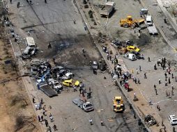 Vista aérea del escenario del doble atentado al sur de Damasco. EFE  /