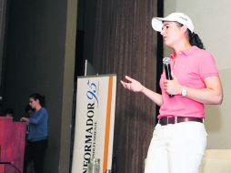 Lorena Ochoa ofreció ayer una charla motivacional en las instalaciones de la Cámara de Comercio de Guadalajara.  /