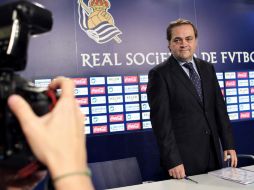 El presidente de la Real Sociedad, Jokin Aperribay, antes de comenzar la rueda de prensa que ha ofrecido hoy. EFE  /