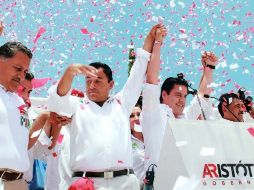 Los priistas durante el mitin en el centro de Tlajomulco.  /
