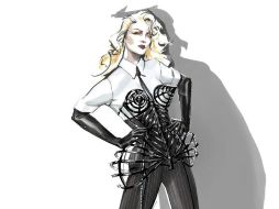 Gaultier creó un conjunto en el que vuelve a jugar con la idea del traje y del corsé, pero tratado 'como una jaula'. EFE  /