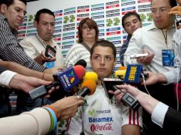 ''Chicharito'', en conferencia de prensa celebrada hoy. MEXSPORT  /