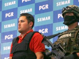 La Semar presentó hoy a Jesús Alfredo Guzmán Salazar alias ''El Gordo'', señalado como hijo de Joaquín ''El Chapo'' Guzmán. AP  /