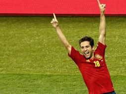 Jordi Alba celebra el segundo gol de la selección de España en el partido. EFE  /