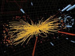 Imagen generada por las computadoras del CERN que representa una colisión entre protones en el experimento. EFE  /