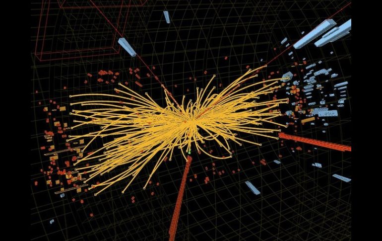 Imagen generada por las computadoras del CERN que representa una colisión entre protones en el experimento. EFE  /