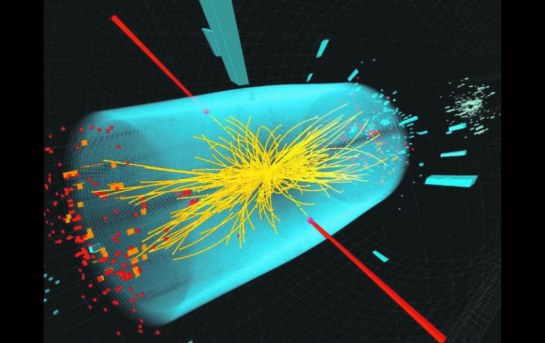 La imagen muestra una colisión entre protones en el campo de Higgs (azul), que daría como resultado la forma y tamaño de la materia.NTX  /