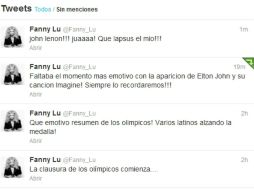 Fanny Lu confundió en su cuenta de Twitter a John Lennon con Elton John. ESPECIAL  /