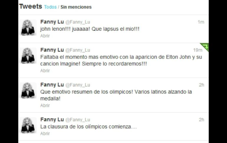 Fanny Lu confundió en su cuenta de Twitter a John Lennon con Elton John. ESPECIAL  /