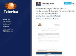 Televisa emitió un comunicado de prensa a través de su cuenta de Twitter @Televisa_Prensa. ESPECIAL  /