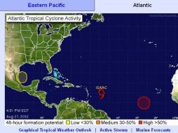 Imagen tomada del Centro Nacional de Huracanes de EU que muestra la posición de la tormenta tropical ''Isaac''. ESPECIAL  /