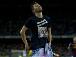 El delantero del Barcelona, David Villa, festeja tras conseguir el quinto gol del equipo blaugrana ante Real Sociedad. ARCHIVO  /