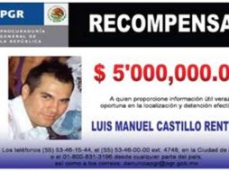 La PGR ofrecía una recompensa de cinco millones de pesos por pistas de Luis Manuel Castillo Rentería. ESPECIAL  /
