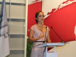 Vania de Dios de Robles durante su discurso al tomar protesta como presidenta del DIF Zapopan. ESPECIAL  /