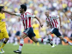 Rafael Márquez Lugo festeja uno de sus dos goles en el partido. MEXSPORT  /