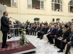 Primer ministro griego, Antonis Samarás durante un acto de conmemoración del centenario de la liberación de Tesalónica. EFE  /