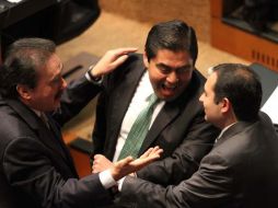Los senadores Emilio Gamboa, Miguel Barbosa y Ernesto Cordero.  Los coordinadores parlamentarios se reunieron. ARCHIVO  /