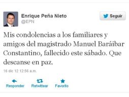 Peña Nieto expresó sus condolencias por muerte de magistrado mediante Twitter. ESPECIAL  /