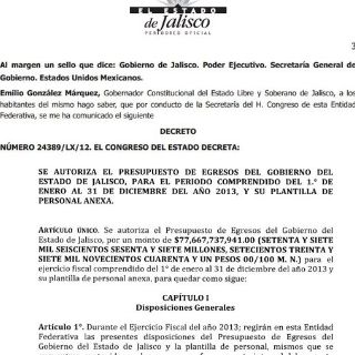 Gobierno de Jalisco publica Presupuesto 2013