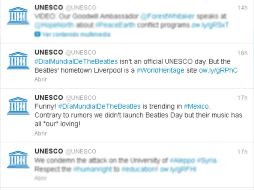 En la cuenta oficial de la UNESCO se puede leer el mensaje desmintiendo el rumor del día internacional de The Beatles. ESPECIAL /