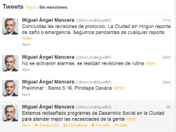 El jefe de gobierno del DF, Miguel Ángel Mancera, informó el sismo deste Twitter. TOMADA DE @ManceraMiguelMX  /