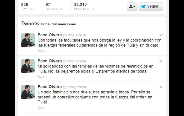 El gobernador de Hidalgo, Francisco Olvera, dio a conocer la noticia a través de Twitter. TOMADA DE @Paco_Olvera  /