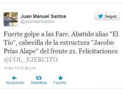 El presidente Santos señaló el deceso como un fuerte golpe a las FARC a través de su cuenta en Twitter. TOMADA DE @JuanManSantos  /