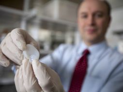 Lawrence Bonassar sostiene el andamiaje de una oreja. AP /