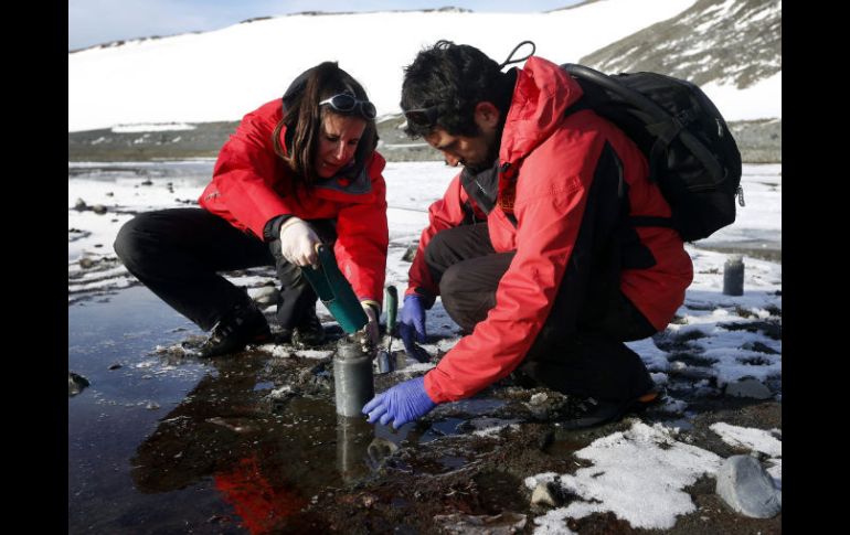 La investigadora francesa Lèa Cabrol (i) y su ayudante, el chileno David Valenzuela (d), tomando muestras de sedimentos. EFE /