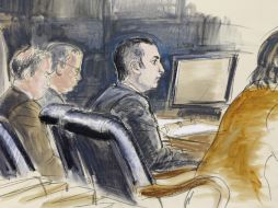 Dibujo hecho dentro de la corte en el que que aparece Gilberto Valle (c) mientras explica como secuestraba y comía mujeres. AP /