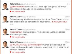 En su cuenta de twitter, el ex alcalde de Zapopan respondió a pregunta expresa: Sigo trabajando de tiempo completo en el Senado. ESPECIAL /