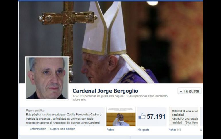 En Facebook el Papa americano tiene una cuenta a su nombre (Cardenal Jorge Bergoglio) que supera los 53 mil me gusta. ESPECIAL  /