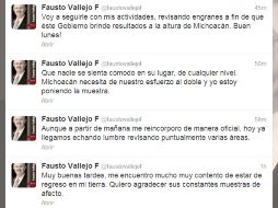 El mandatario michoacano anuncia su regreso a través de su cuenta en Twitter. TOMADA DE @faustovallejof  /