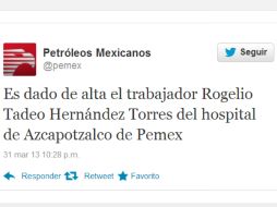 La paraestatal dio a conocer la información a través de su cuenta en Twitter. TOMADA DE @pemex  /