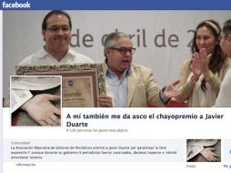 En Facebook, se crea la cuenta ''A mí también me da asco el chayopremio a Javier Duarte'', con ya varios seguidores. ESPECIAL /
