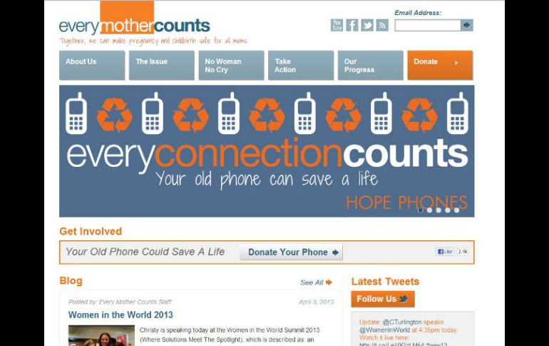 Aspecto de la página oficial de Internet de la Fundación ''Every Mother Counts''. ESPECIAL /