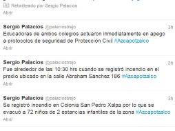 El jefe delegacional informa sobre el siniestro a través de su cuenta en Twitter. TOMADA DE @palaciostrejo  /