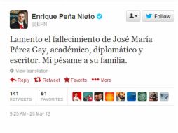 El titular del Poder Ejecutivo Federal externó sus condolencias en su cuenta de Twitter. ESPECIAL /