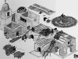 Reproducción de un dibujo que recrea el proceso de construcción de la capilla de Guanacache, en Argentina. EFE /