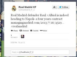 En la cuenta oficial de Twitter de los merengues, ya se hizo oficial el cambio de Raúl Albiol a su nuevo equipo. ESPECIAL /