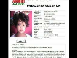 Con motivo de su desaparición fue activada la prealerta Amber en Jalisco el pasado 23 de junio y fue desactivada el viernes 12 de julio ARCHIVO /
