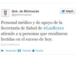 El Gobierno de Michoacán informa por medio de Twitter que los heridos ya están siendo atendidos. TOMADA DE @gobmichoacan  /